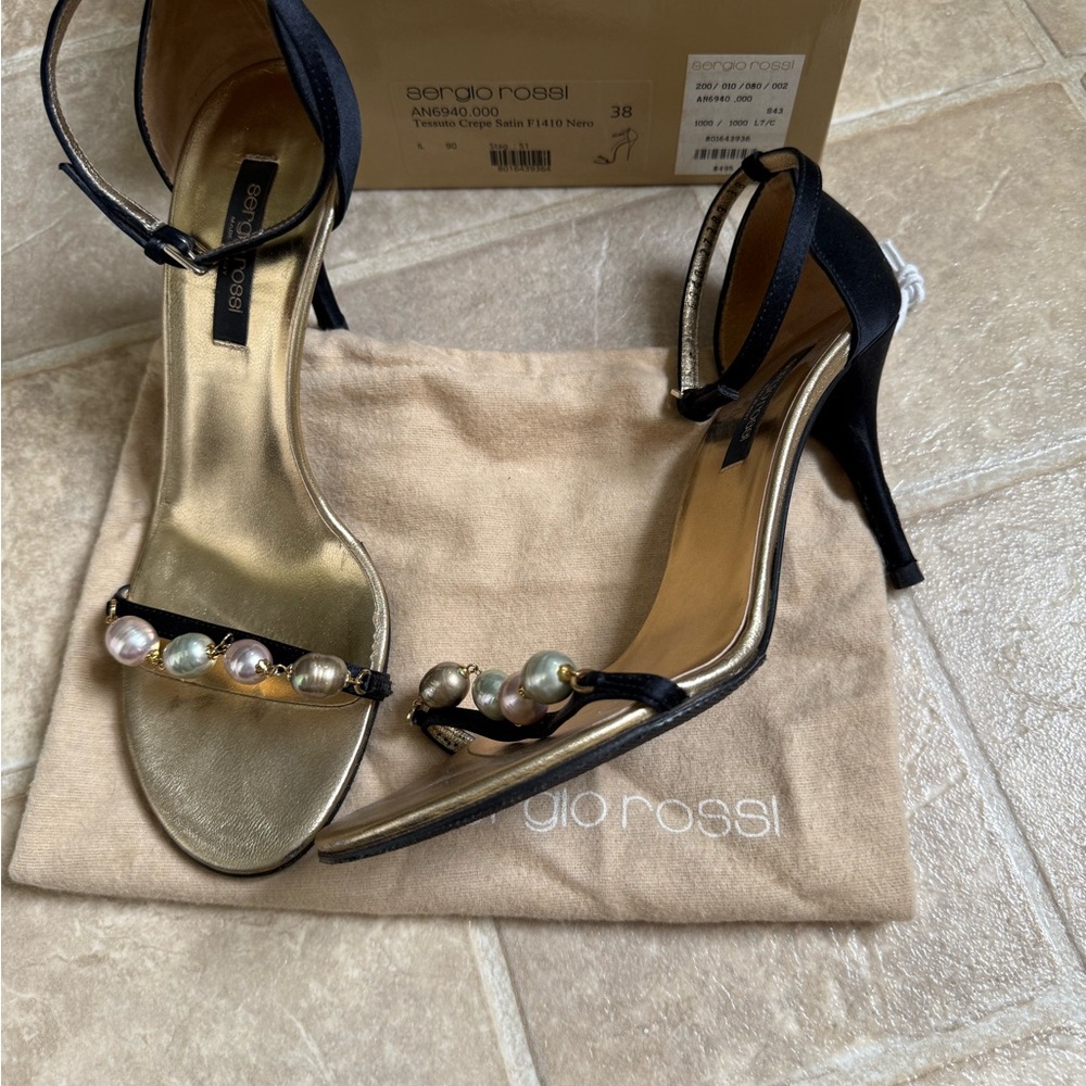 Sergio Rossi Gold Black Pearl Strappy Vintage Heels 38 Excellent Condition